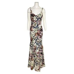 Nicole Miller Colorful Floral Print Lace Trumpet Gown Maxi Evening Dress Size 6